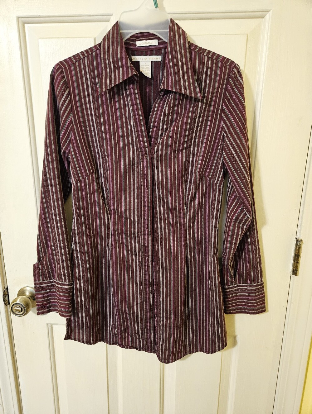 Striped Button-Front Tunic Shirt in Burgundy and White